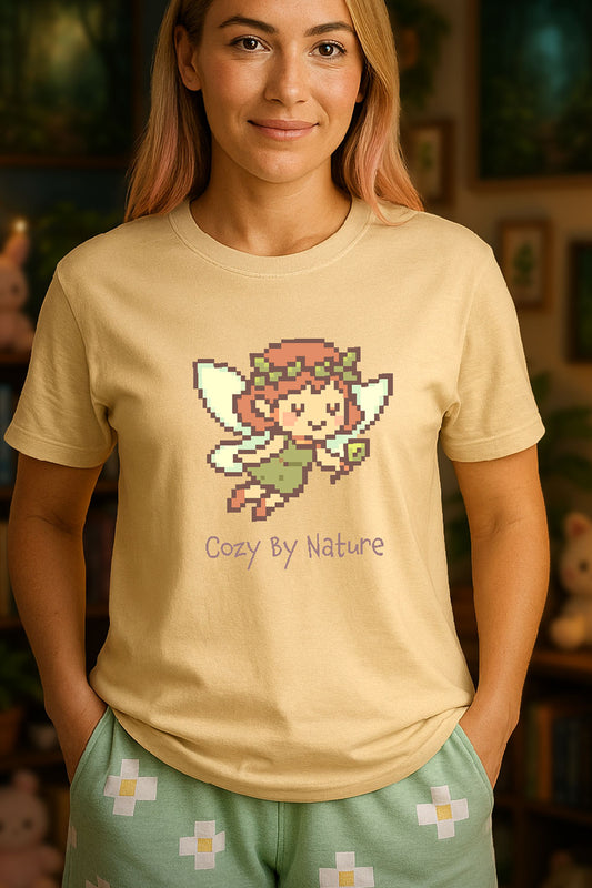 Young woman wearing a soft cream t-shirt with a chest print of a Pixel art fairy with leafy wings and crown holding a wand, smiling above the words "Cozy By Nature" in cozy gamer kawaii style. The background is cozy themed room slightly out of focus. 