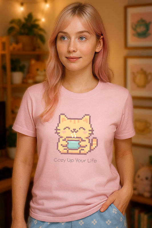 young woman wearing a light pint t-shirt with a chest print of a Pixel art orange cat holding a cup of hot tea with a happy expression on the cat's face. 