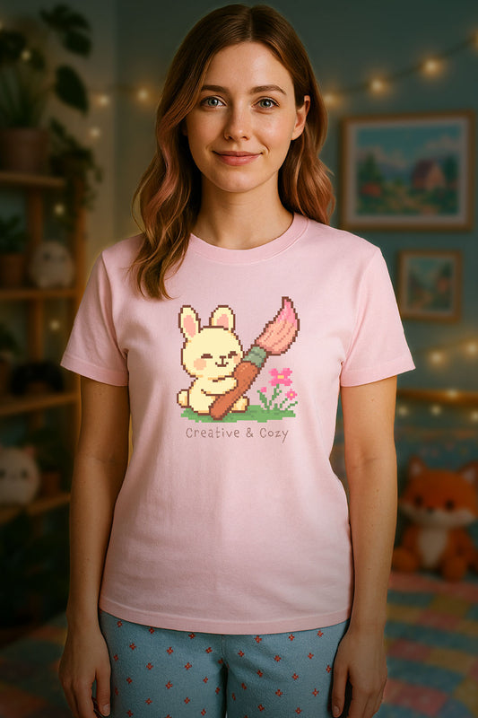 Cute pixel art bunny holding a big pink paintbrush with flowers and grass, under the text "Creative & Cozy" in kawaii style. Soft Pink color t-shirt.