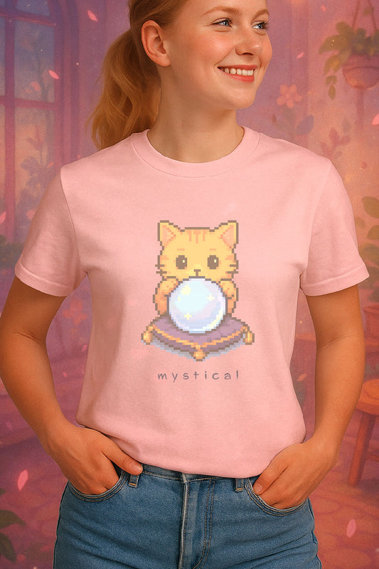 Pixel art orange cat holding glowing crystal ball with “Mystical” text underneath t-shirt design on a light pink t-shirt worn by a young female model. She is standing in front of a soft pastel illustration of a cozy themed room.