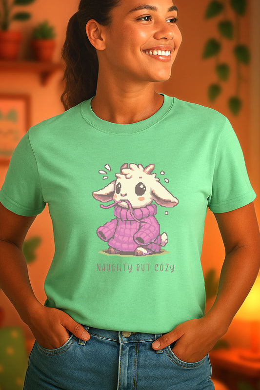 Pixel art goat in oversized purple sweater with “Naughty But Cozy” text underneath on a light green t-shirt. T-shirt is worn by a woman posing in a warm lite room out of focus in the background.