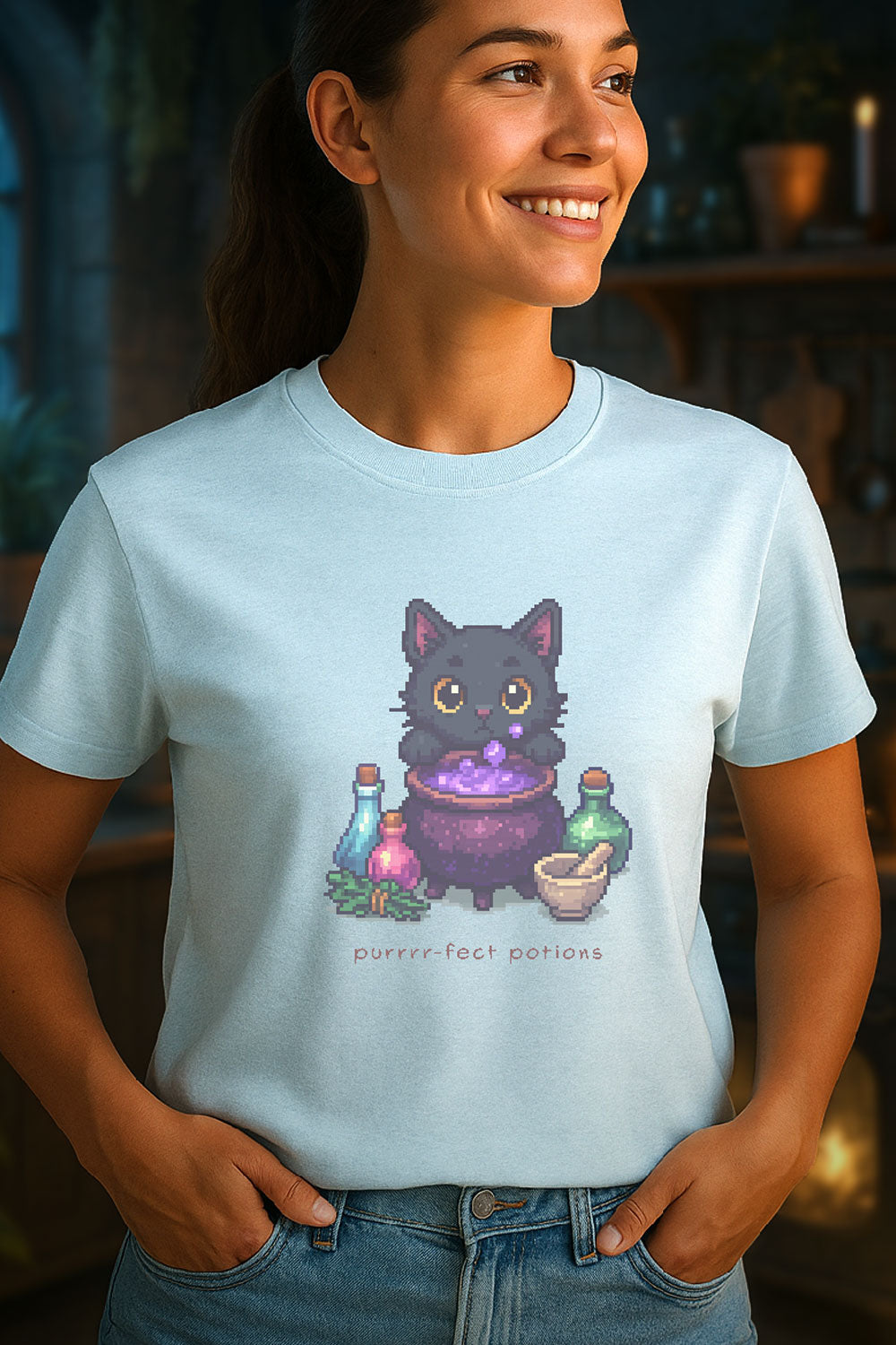 Young woman wearing a light blue t-shirt with a design of a pixel art black cat brewing purple potion in cauldron with bottles, herbs, and text “Purrrr-fect Potions.” 