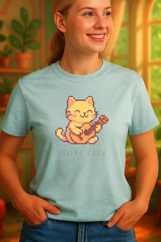 Pixel art cat playing ukulele with cute hand written text “Vibing Cozy” below. Light blule t-shirt worn by a young woman standing in sunlit summer room.