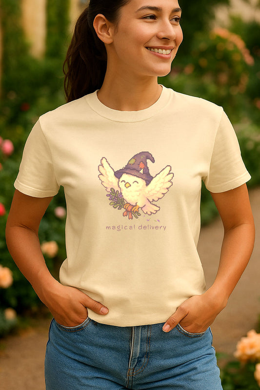 Young smiling woman wearing a soft cream color t-shirt with a design of a pixel art white owl with wizard hat carrying herbs, flying with text “Magical Delivery”. She is standing outside in a sunlit flower garden