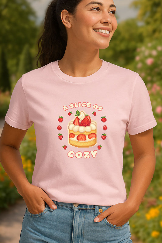 Young woman standing in a summer garden wearing a soft pink colored t-shirt with a pixel art strawberry shortcake surrounded by strawberries with text “A Slice of Cozy” in cute cozy gaming style.