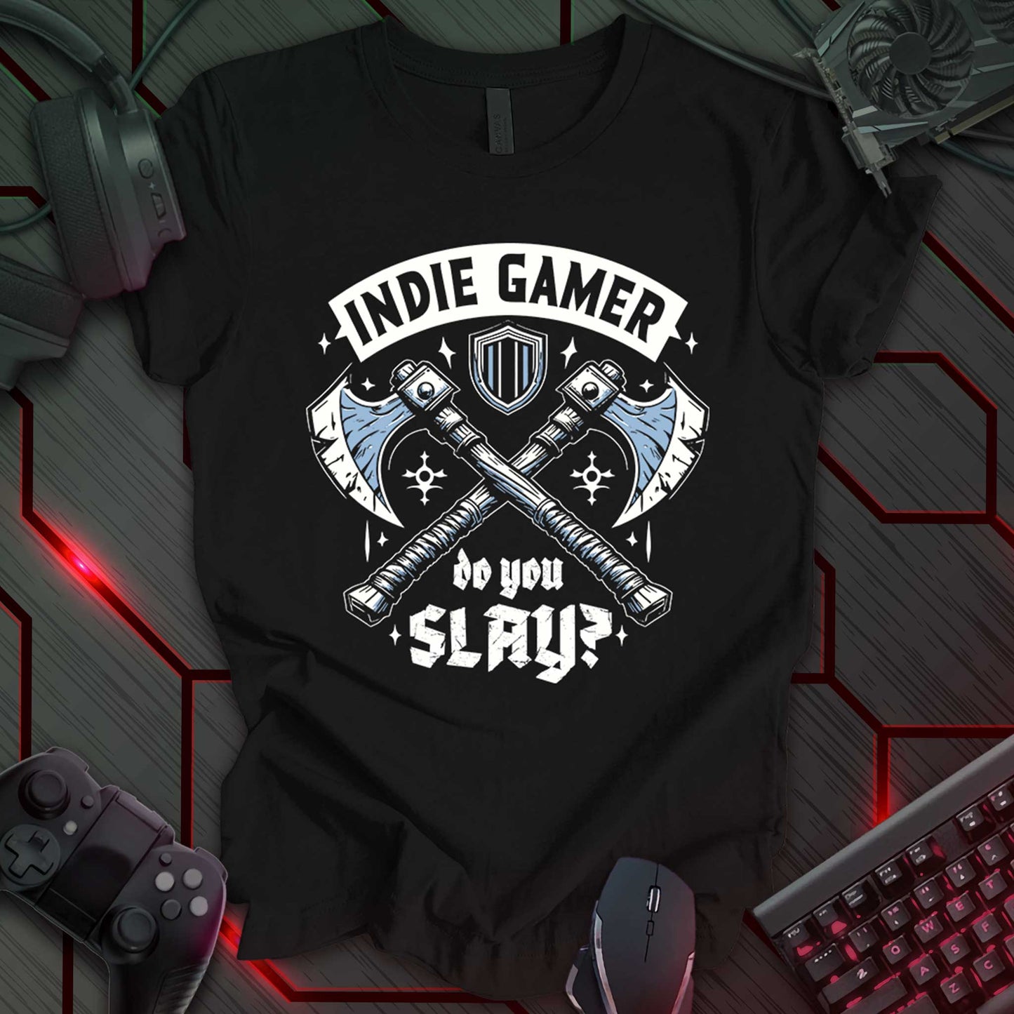 Indie Gamer t-shirt design with crossed axes, shield, "do you SLAY?" text. Detailed illustration on black background. Gaming apparel for indie game fans, RPG players, and fantasy enthusiasts. Keywords: gaming t-shirt, indie game shirt, fantasy tee, RPG clothing, gamer gift, video game apparel, indie gaming merch.