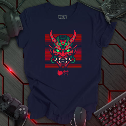 Green and red pixel art cyber oni mask with glowing eyes – retro gaming navy color  t-shirt design featuring Japanese kanji for impermanence