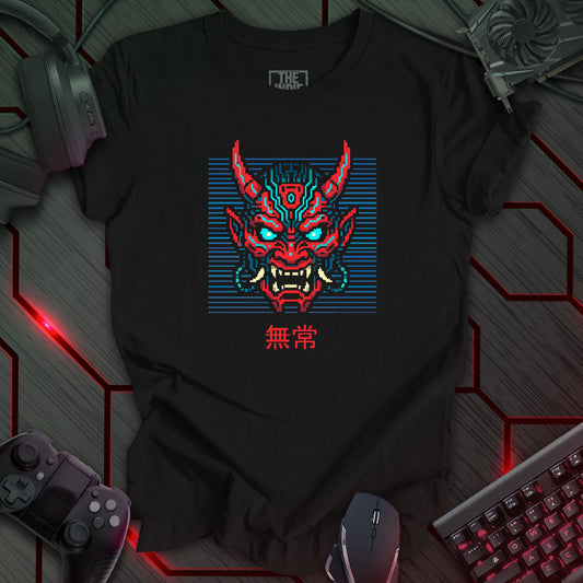 Pixel art red and blue cyber oni mask on black background – retro gaming black t-shirt design with glowing eyes and circuit patterns