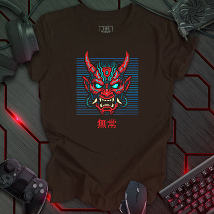 Pixel art red and blue cyber oni mask on black background – retro gaming brown t-shirt design with glowing eyes and circuit patterns