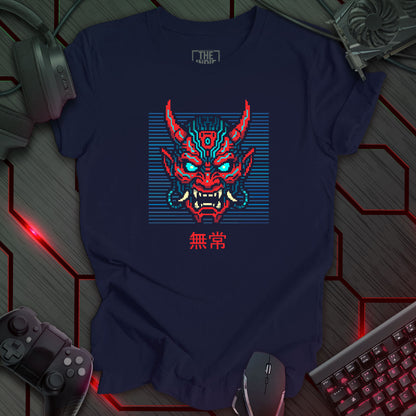 Pixel art red and blue cyber oni mask on black background – retro gaming navy color t-shirt design with glowing eyes and circuit patterns