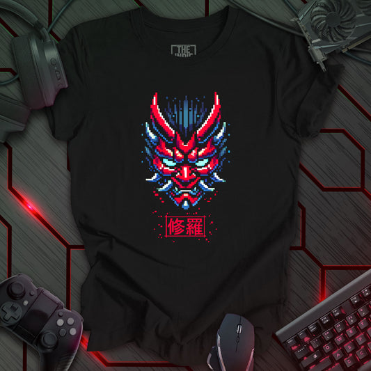 Asura Mode – Pixel Art Oni Mask | Retro Cyber Gaming T-Shirt