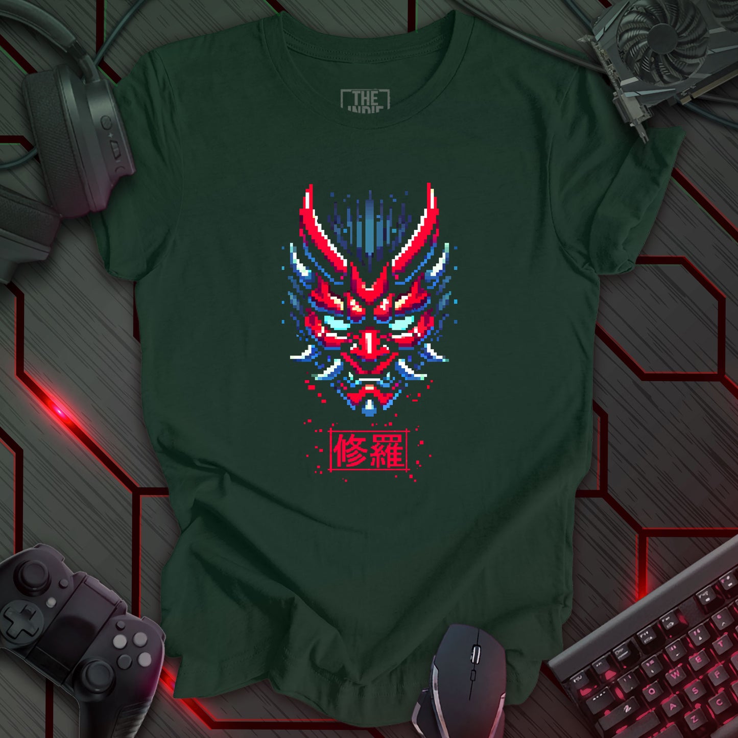 Asura Mode – Pixel Art Oni Mask | Retro Cyber Gaming T-Shirt