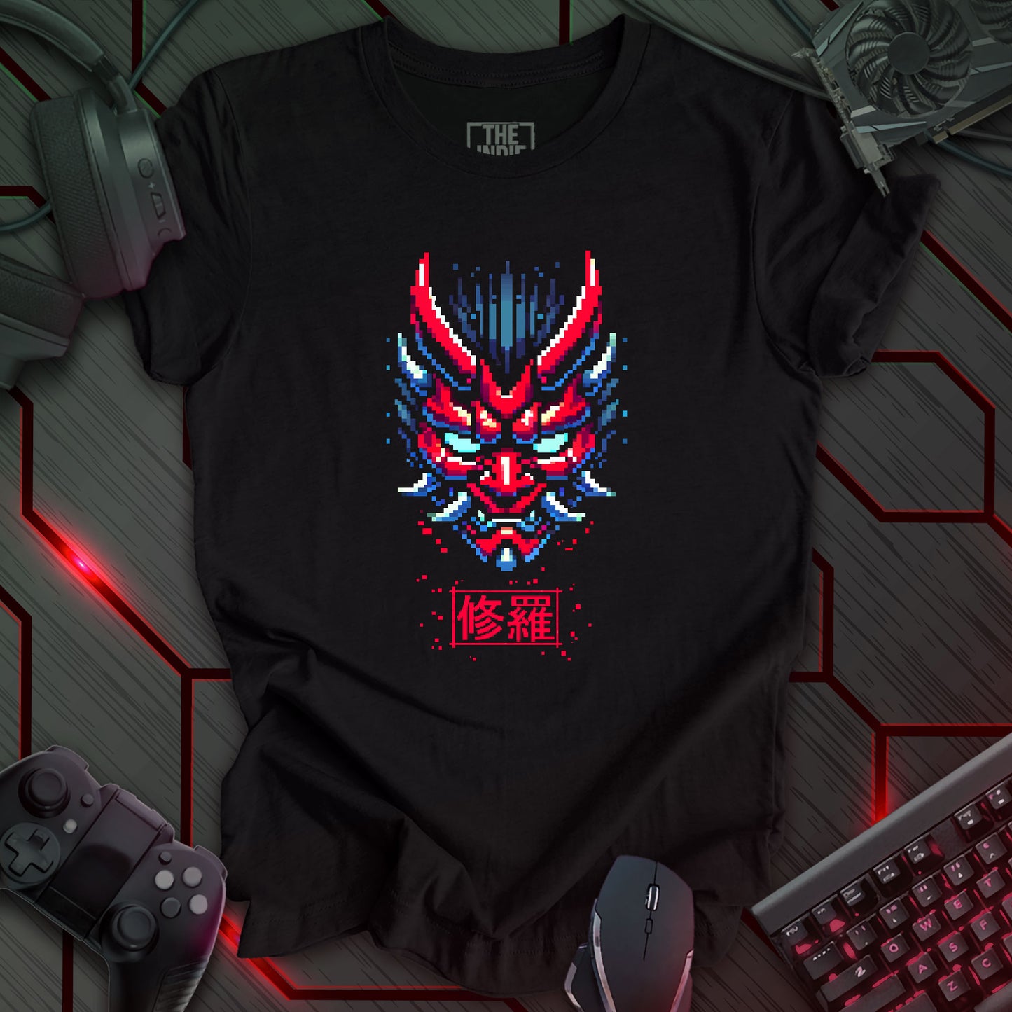 Asura Mode – Pixel Art Oni Mask | Retro Cyber Gaming T-Shirt