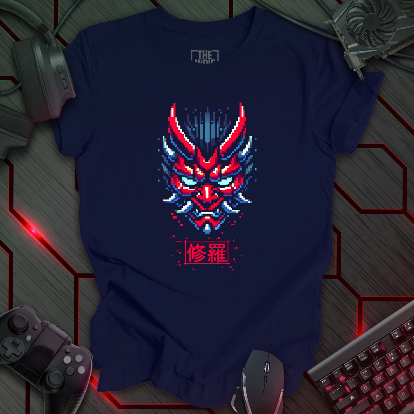 Asura Mode – Pixel Art Oni Mask | Retro Cyber Gaming T-Shirt
