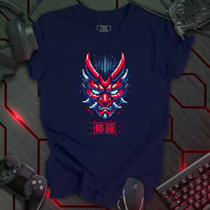 Asura Mode – Pixel Art Oni Mask | Retro Cyber Gaming T-Shirt