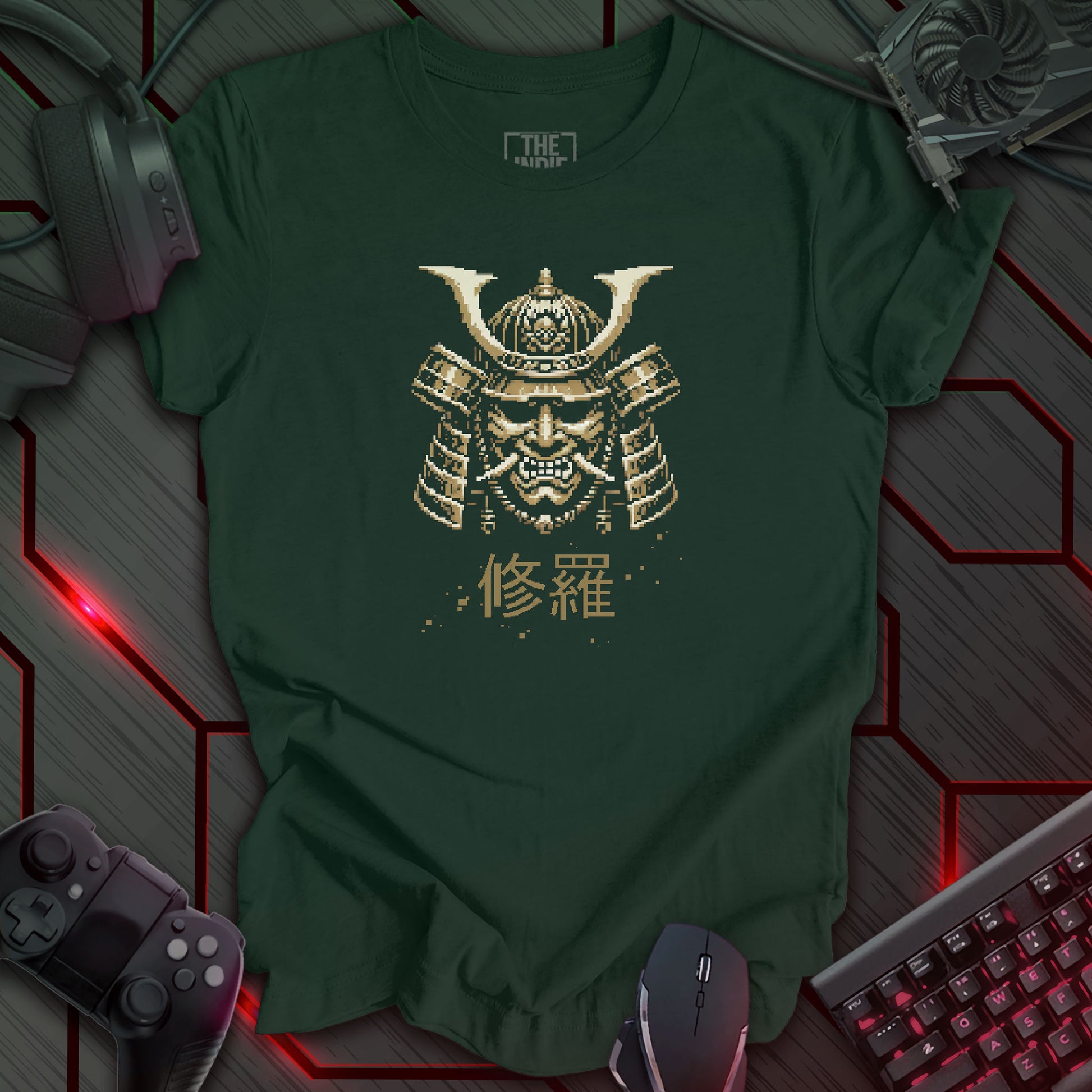 Pixel art design of a Japanese Samurai Oni mask with prominent horns, in rustic gold. The mask is set against a forest green background. Below the mask are the Japanese characters '修羅' (Shura), meaning 'Path of Carnage'. Retro 8-bit style graphic.