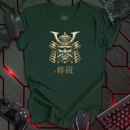 Pixel art design of a Japanese Samurai Oni mask with prominent horns, in rustic gold. The mask is set against a forest green background. Below the mask are the Japanese characters '修羅' (Shura), meaning 'Path of Carnage'. Retro 8-bit style graphic.