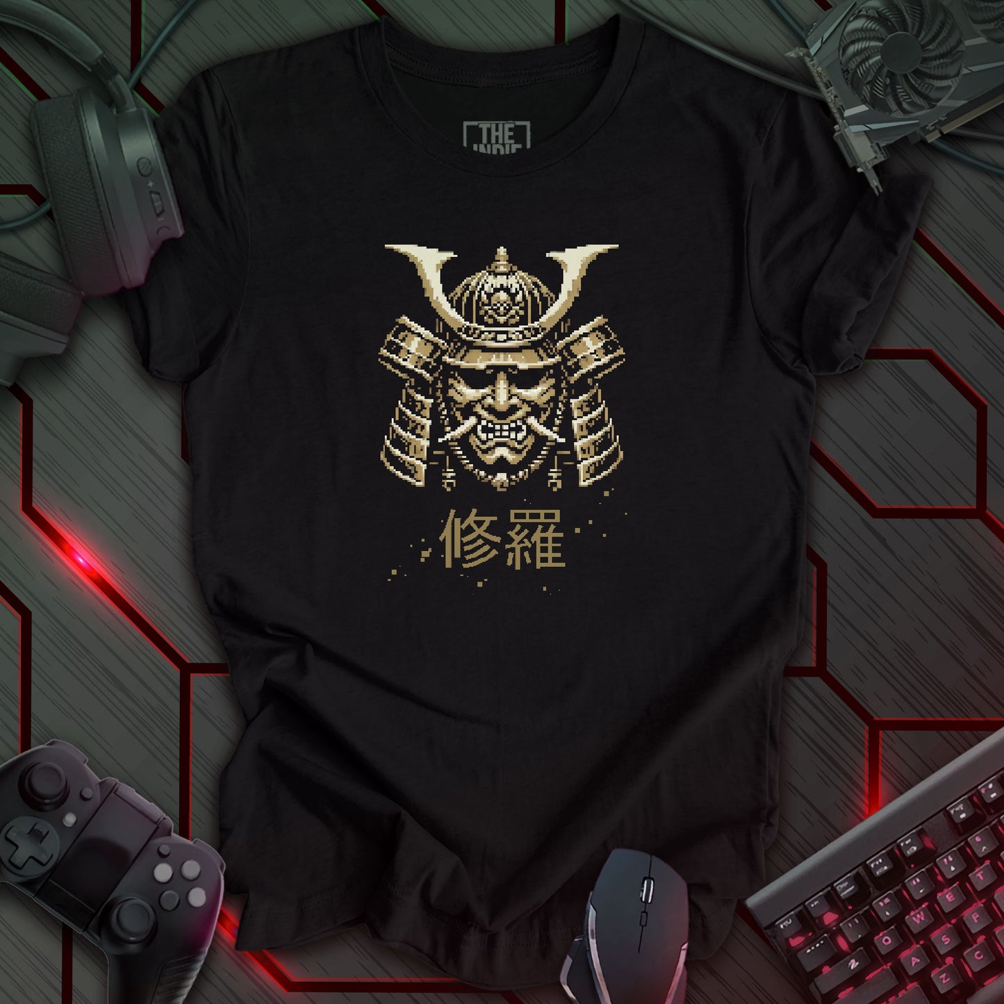 Pixel art design of a Japanese Samurai Oni mask with prominent horns, in rustic gold. The mask is set against a heather black background. Below the mask are the Japanese characters '修羅' (Shura), meaning 'Path of Carnage'. Retro 8-bit style graphic.