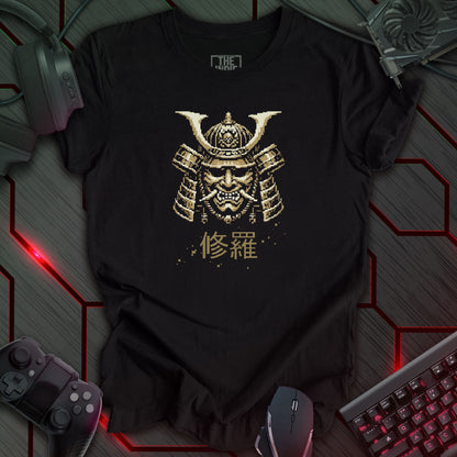 Pixel art design of a Japanese Samurai Oni mask with prominent horns, in rustic gold. The mask is set against a heather black background. Below the mask are the Japanese characters '修羅' (Shura), meaning 'Path of Carnage'. Retro 8-bit style graphic.