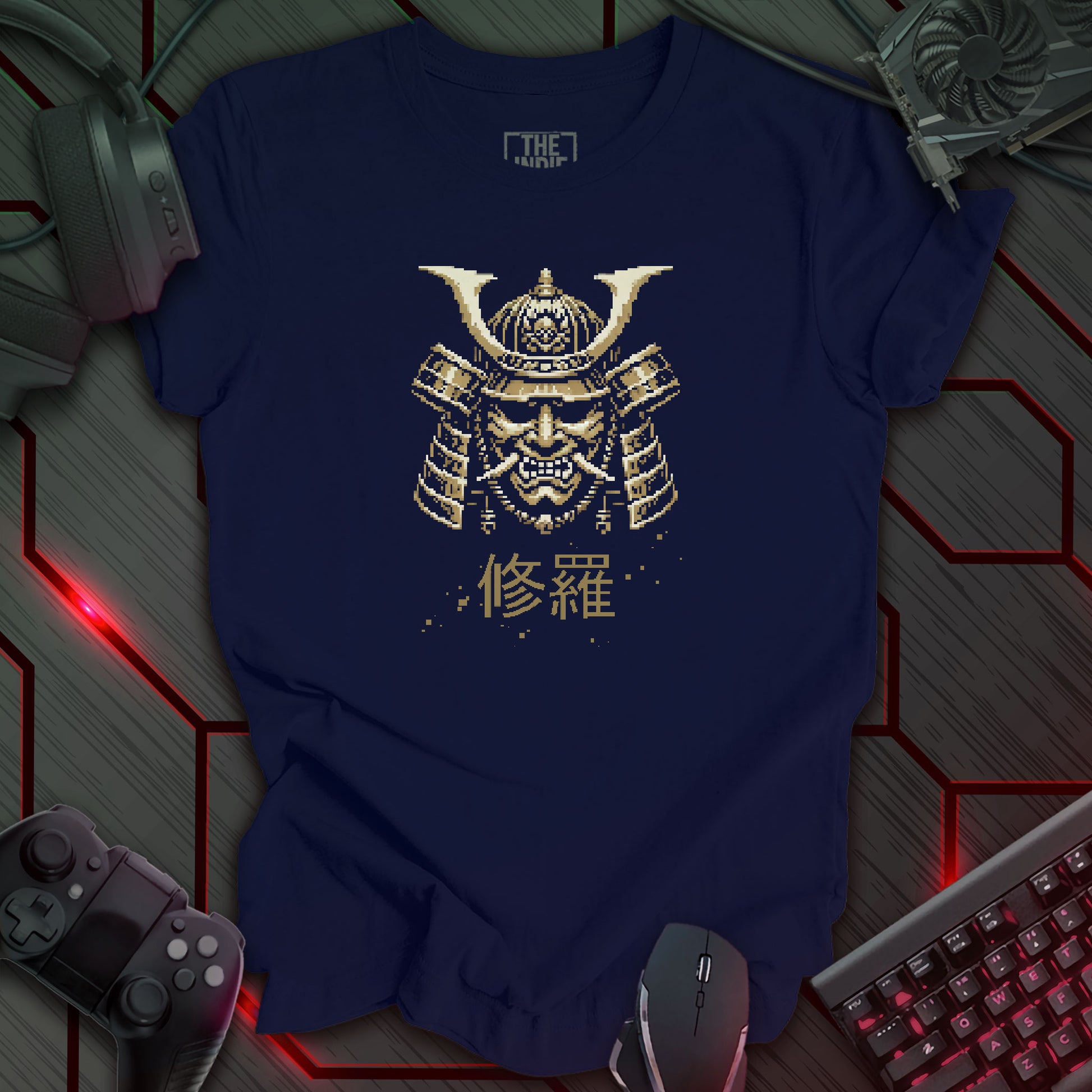 Pixel art design of a Japanese Samurai Oni mask with prominent horns, in rustic gold. The mask is set against a navy blue background. Below the mask are the Japanese characters '修羅' (Shura), meaning 'Path of Carnage'. Retro 8-bit style graphic.