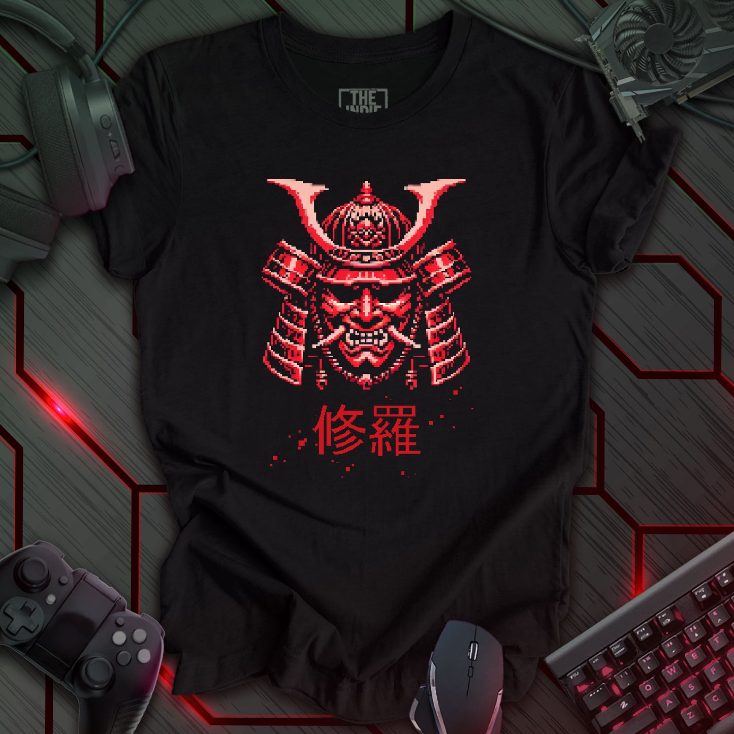 Pixel art illustration of a red Cyber Oni mask with prominent horns and a fierce expression, set against a black heather background. Below the mask are the Japanese characters '修羅' (Shura), meaning 'Path of Carnage'. Retro 8-bit style graphic with a cyberpunk theme.
