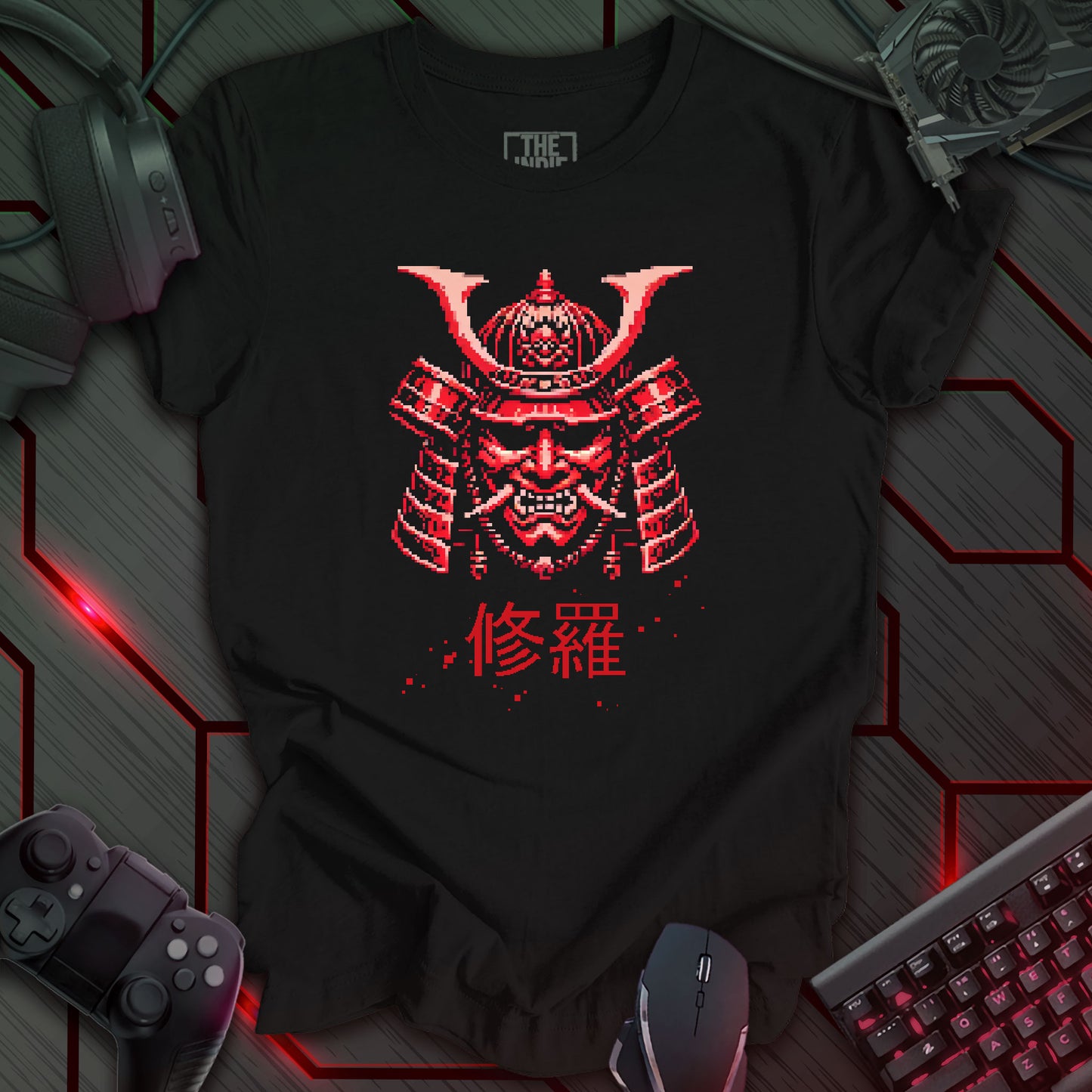 Pixel art illustration of a red Cyber Oni mask with prominent horns and a fierce expression, set against a black background. Below the mask are the Japanese characters '修羅' (Shura), meaning 'Path of Carnage'. Retro 8-bit style graphic with a cyberpunk theme.
