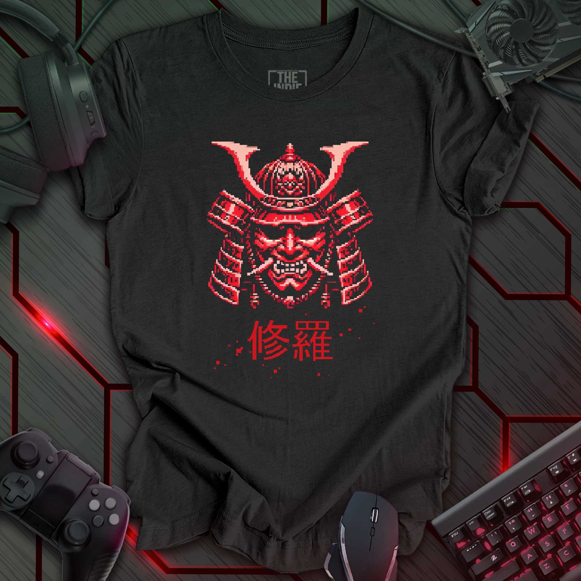 Pixel art illustration of a red Cyber Oni mask with prominent horns and a fierce expression, set against a dark grey heather background. Below the mask are the Japanese characters '修羅' (Shura), meaning 'Path of Carnage'. Retro 8-bit style graphic with a cyberpunk theme.
