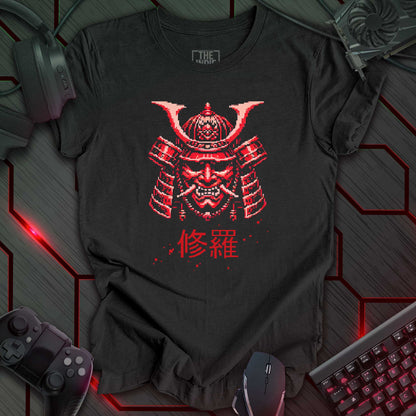 Pixel art illustration of a red Cyber Oni mask with prominent horns and a fierce expression, set against a dark grey heather background. Below the mask are the Japanese characters '修羅' (Shura), meaning 'Path of Carnage'. Retro 8-bit style graphic with a cyberpunk theme.
