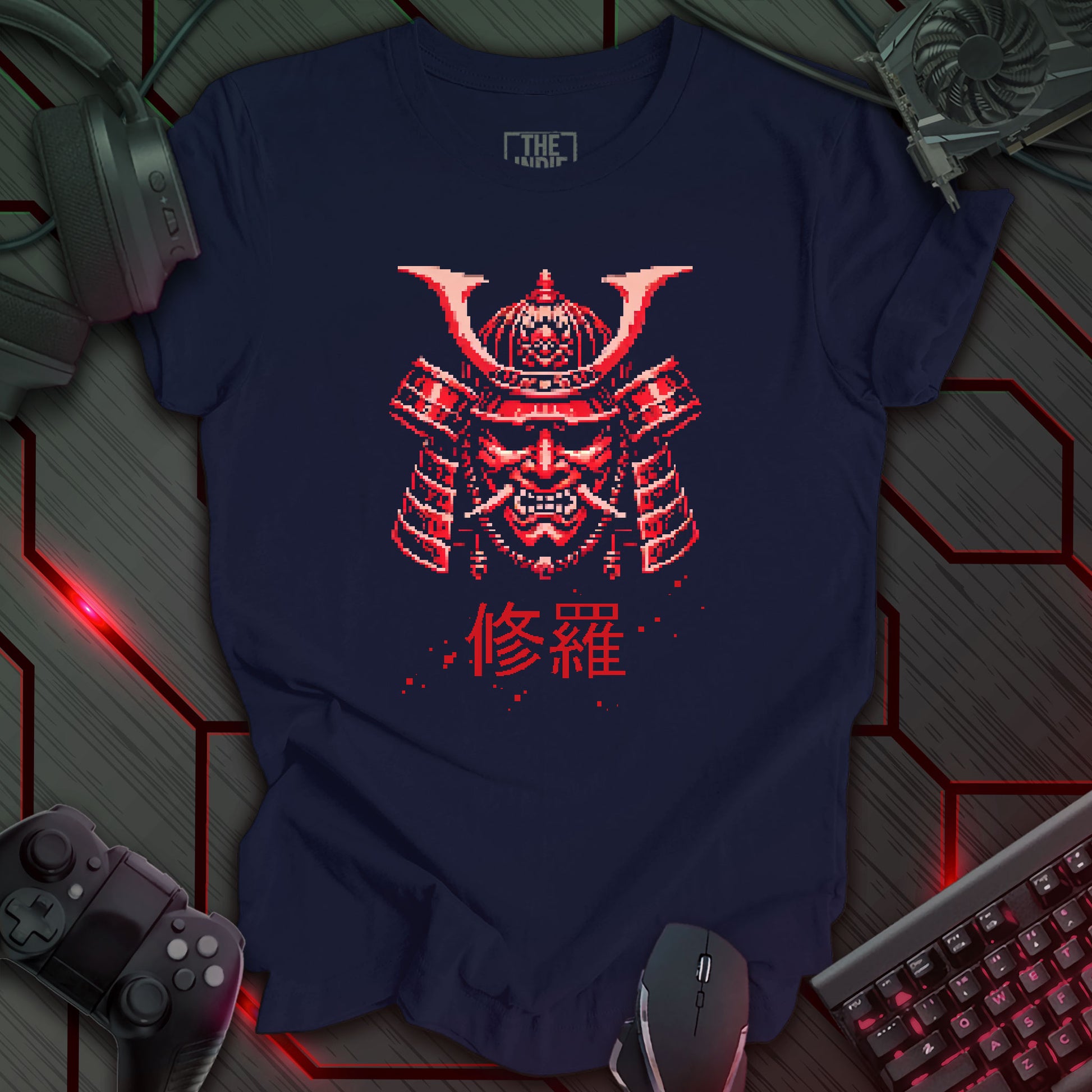 Pixel art illustration of a red Cyber Oni mask with prominent horns and a fierce expression, set against a navy background. Below the mask are the Japanese characters '修羅' (Shura), meaning 'Path of Carnage'. Retro 8-bit style graphic with a cyberpunk theme.
