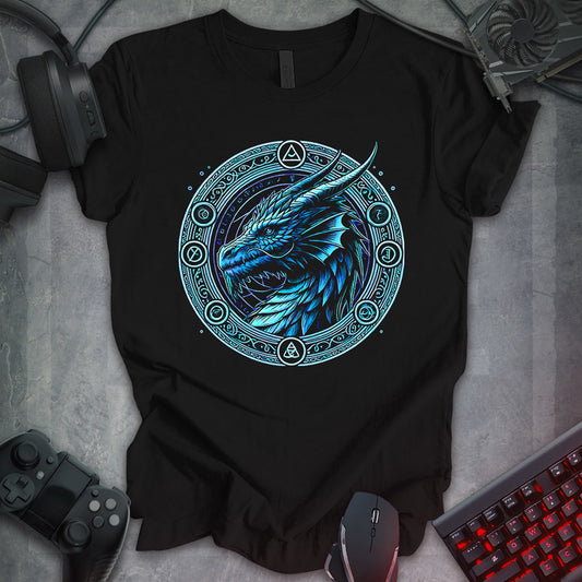 Black gaming t-shirt featuring a detailed blue fantasy dragon portrait. The dragon is framed within a circular design adorned with intricate magical runes and mystical patterns, evoking a medieval fantasy aesthetic.