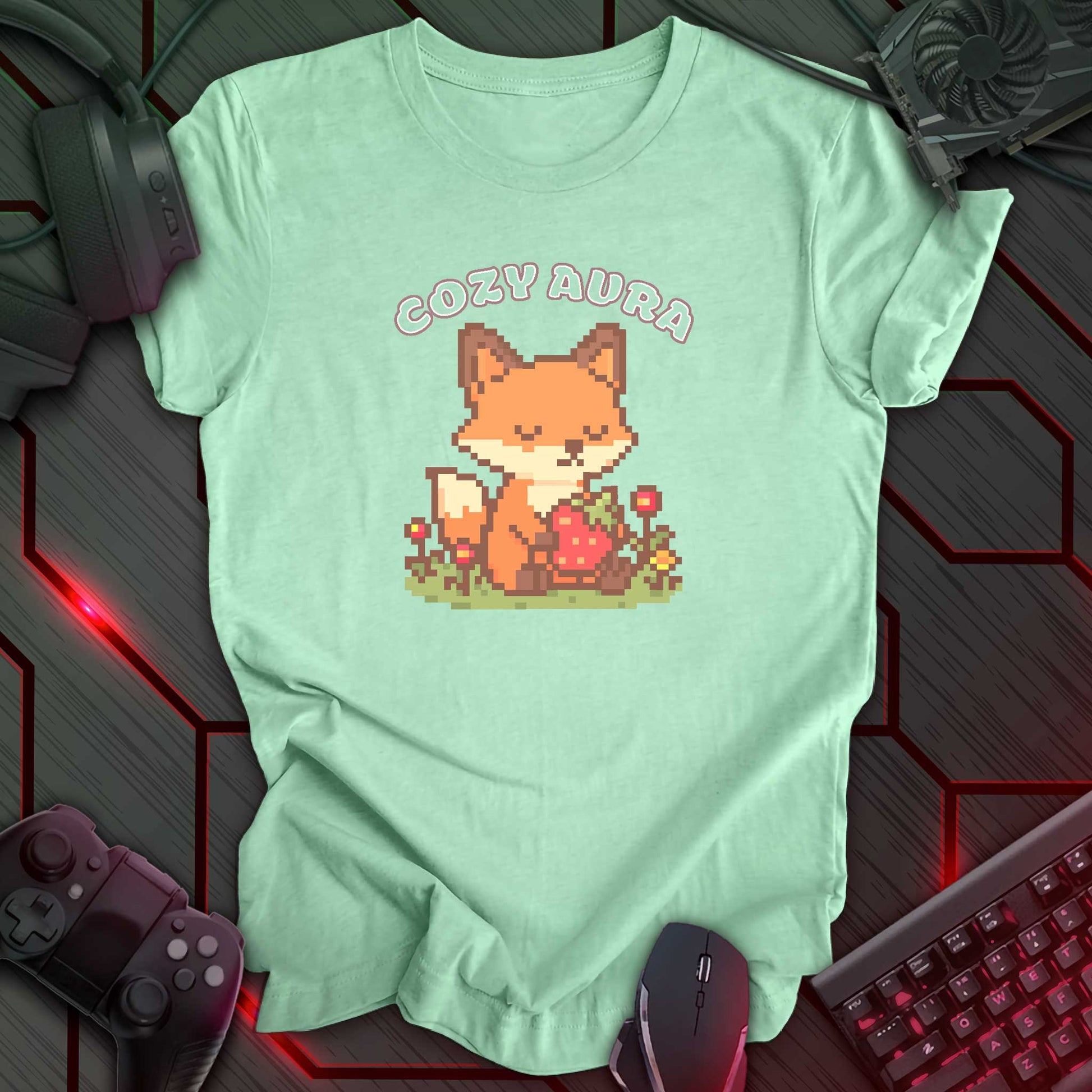 Pixel art fox holding a strawberry with closed eyes, surrounded by flowers and text "Cozy Aura" above, in kawaii cozy gamer style. Heather Mint color t-shirt.