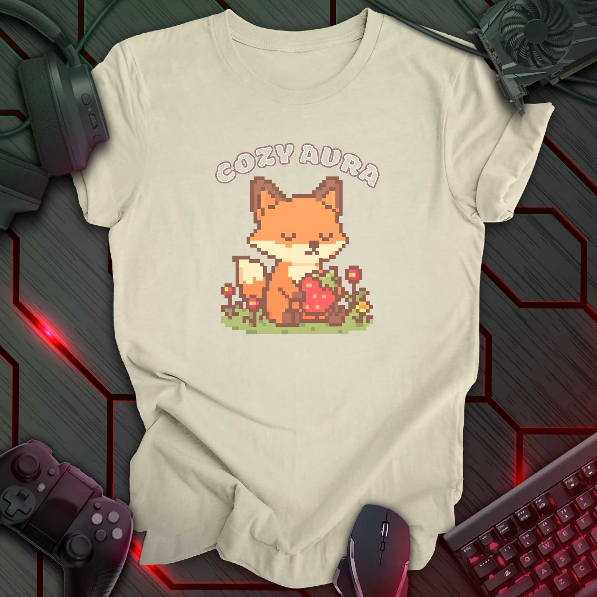 Pixel art fox holding a strawberry with closed eyes, surrounded by flowers and text "Cozy Aura" above, in kawaii cozy gamer style. Natural color t-shirt.