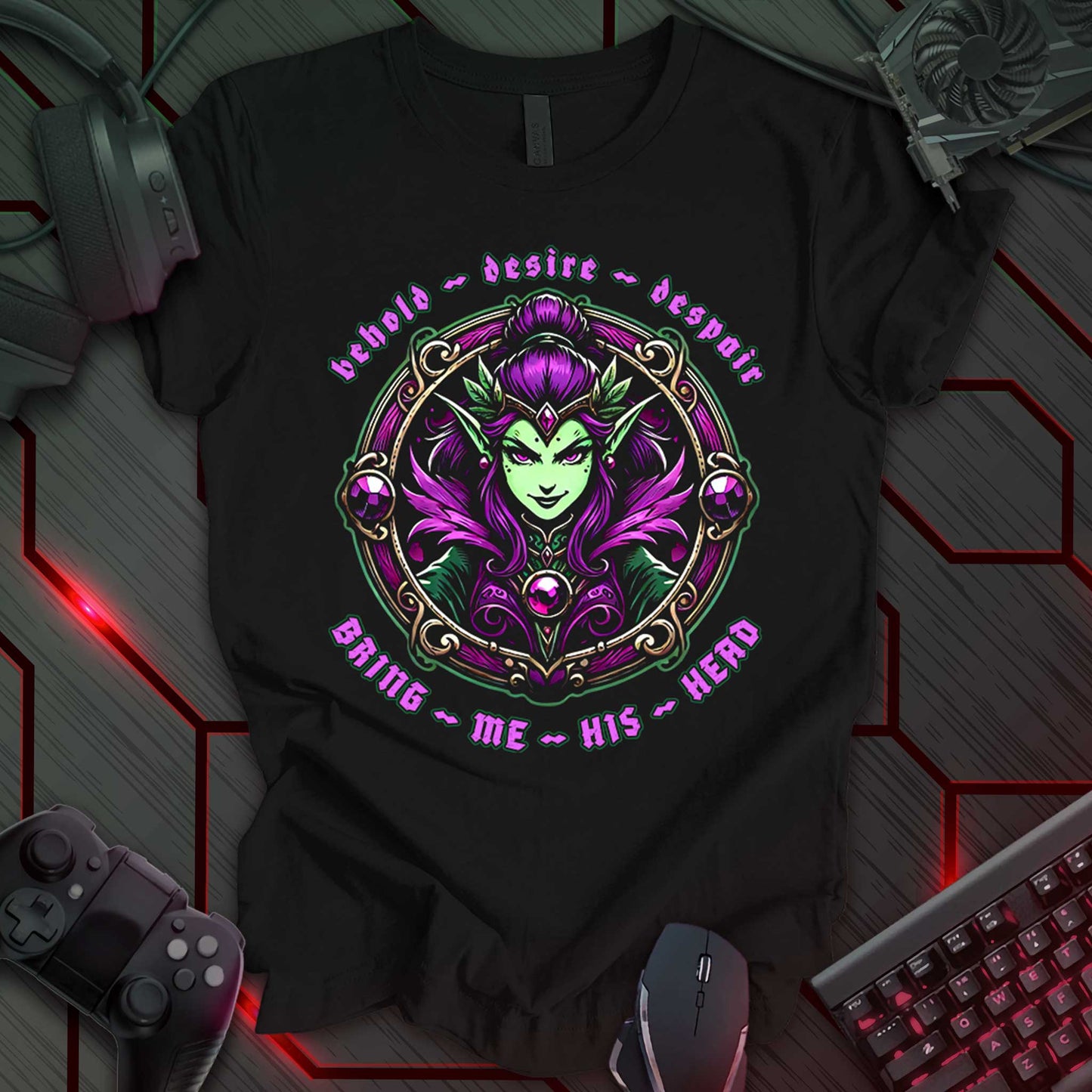 This t-shirt design, created for fans of fantasy and dark themes, features a female elf with green skin and purple hair, framed within an ornate, circular design. The text 'behold - desire - despair' is at the top and 'BRING - ME - HIS - HEAD' at the bottom. This design appeals to those who enjoy unique, fantasy-inspired apparel with a touch of dark storytelling.
