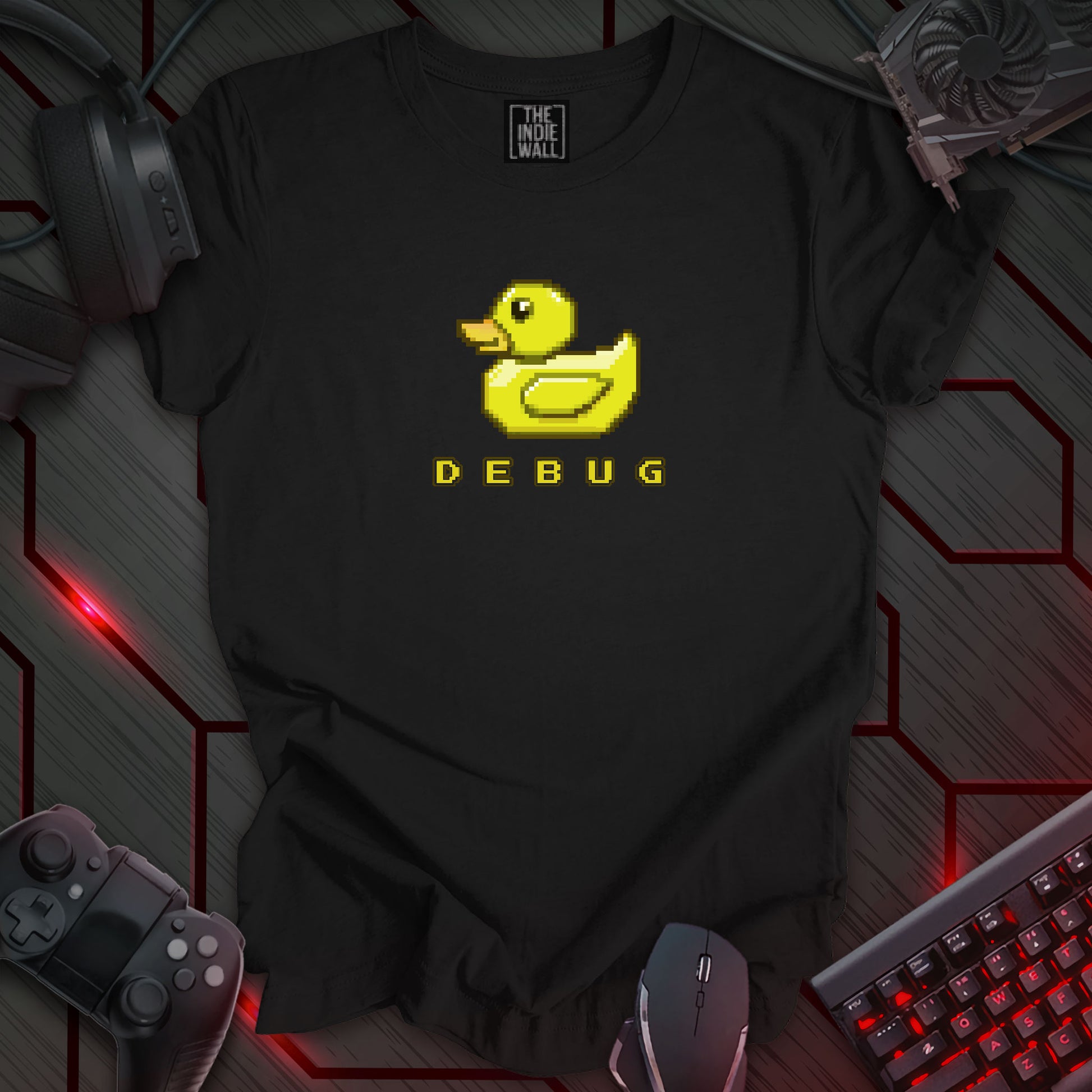 Pixel art illustration of a bright yellow rubber duck with pixelated details, set against a black background. Below the duck is the word 'DEBUG' in a pixelated font. This is a 'Duck Debug' themed design for programmers, referencing the common practice of using a rubber duck to explain code problems.