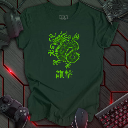 Pixel art illustration of a green Japanese dragon with a checkered pattern on its body, set against a forest green background. Below the dragon are the Japanese characters '龍撃' (Ryūgeki), meaning 'Dragon Strike'. Retro 8-bit style graphic with a cyberpunk theme.