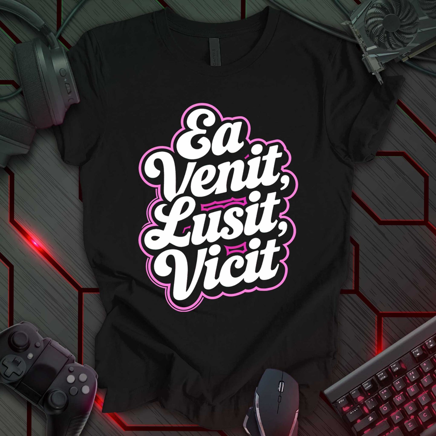 Graphic design featuring the Latin phrase 'Ea Venit, Lusit, Vicit' in a bold, rounded, script-like font with a pink outline against a black background. The phrase is enclosed in a stylized cloud-like shape with a pink outline. Small digital circuit board icons are placed around the phrase, including at the top corners, right side, and bottom. A small rectangular box with the number '10000' is located at the bottom center. This is a design with a Latin phrase and a digital or tech-inspired aesthetic.