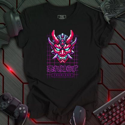 Pixel art illustration of a Cyber Oni mask with red, cyan, and black details, featuring prominent horns and a fierce expression. The mask is set against a black background with a purple grid pattern. Below the mask are the Japanese characters '恐れ知らず' (Osore Shirazu), meaning 'Fearless', and the word 'FEARLESS' enclosed in a rectangle. Retro 8-bit style graphic with a cyberpunk theme.