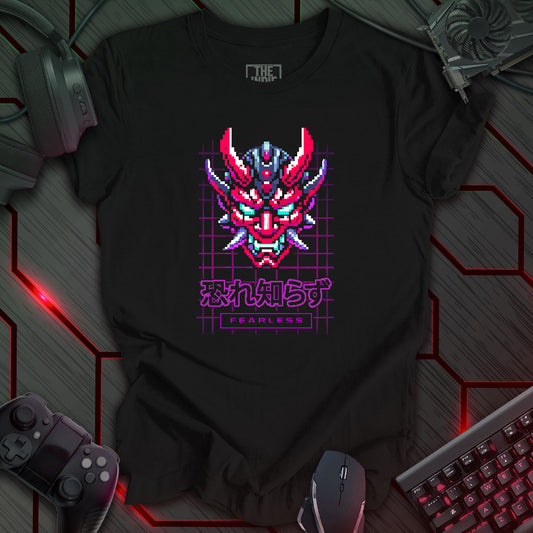 Pixel art illustration of a Cyber Oni mask with red, cyan, and black details, featuring prominent horns and a fierce expression. The mask is set against a black background with a purple grid pattern. Below the mask are the Japanese characters '恐れ知らず' (Osore Shirazu), meaning 'Fearless', and the word 'FEARLESS' enclosed in a rectangle. Retro 8-bit style graphic with a cyberpunk theme.