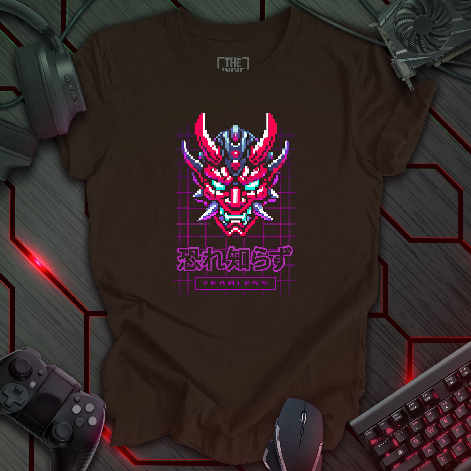 Pixel art illustration of a Cyber Oni mask with red, cyan, and black details, featuring prominent horns and a fierce expression. The mask is set against a brown background with a purple grid pattern. Below the mask are the Japanese characters '恐れ知らず' (Osore Shirazu), meaning 'Fearless', and the word 'FEARLESS' enclosed in a rectangle. Retro 8-bit style graphic with a cyberpunk theme.