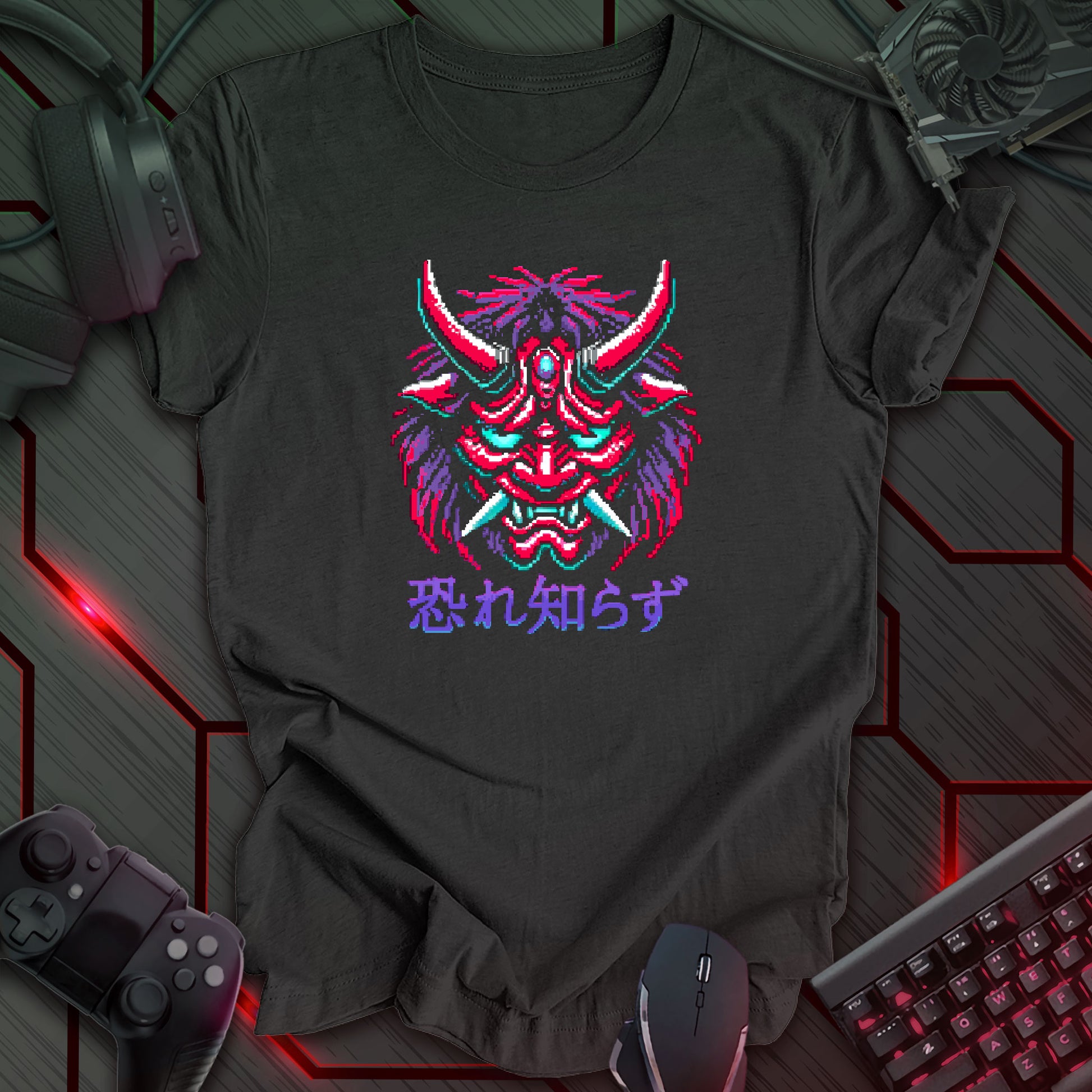 Pixel art illustration of a Cyber Oni mask featuring red, cyan, purple, and white details, with prominent red horns and a fierce expression. The mask is set against a dark grey heather background. Below the mask are the Japanese characters '恐れ知らず' (Osore Shirazu). Retro 8-bit style graphic with a cyberpunk theme.