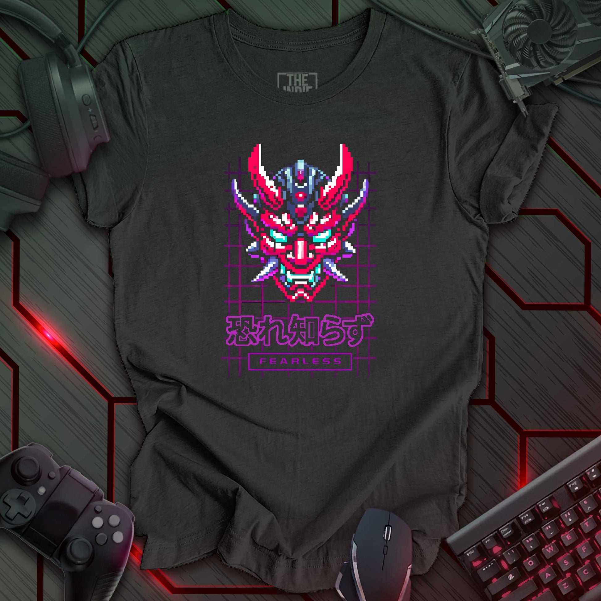 Pixel art illustration of a Cyber Oni mask with red, cyan, and black details, featuring prominent horns and a fierce expression. The mask is set against a dark heather grey background with a purple grid pattern. Below the mask are the Japanese characters '恐れ知らず' (Osore Shirazu), meaning 'Fearless', and the word 'FEARLESS' enclosed in a rectangle. Retro 8-bit style graphic with a cyberpunk theme.