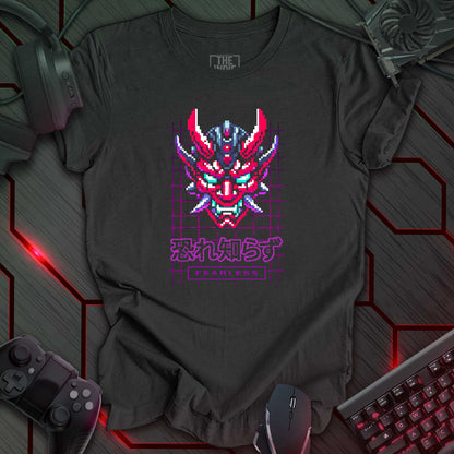 Pixel art illustration of a Cyber Oni mask with red, cyan, and black details, featuring prominent horns and a fierce expression. The mask is set against a dark heather grey background with a purple grid pattern. Below the mask are the Japanese characters '恐れ知らず' (Osore Shirazu), meaning 'Fearless', and the word 'FEARLESS' enclosed in a rectangle. Retro 8-bit style graphic with a cyberpunk theme.