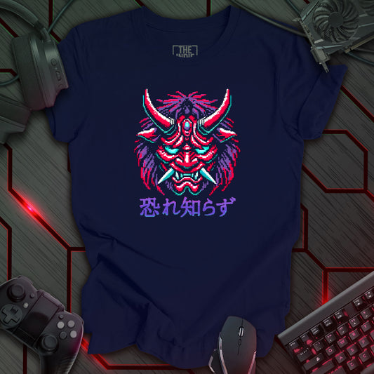 Pixel art illustration of a Cyber Oni mask featuring red, cyan, purple, and white details, with prominent red horns and a fierce expression. The mask is set against a navy background. Below the mask are the Japanese characters '恐れ知らず' (Osore Shirazu). Retro 8-bit style graphic with a cyberpunk theme.