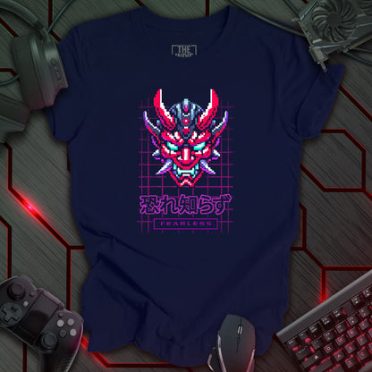 Pixel art illustration of a Cyber Oni mask with red, cyan, and black details, featuring prominent horns and a fierce expression. The mask is set against a navy background with a purple grid pattern. Below the mask are the Japanese characters '恐れ知らず' (Osore Shirazu), meaning 'Fearless', and the word 'FEARLESS' enclosed in a rectangle. Retro 8-bit style graphic with a cyberpunk theme.