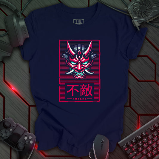 Pixel art illustration of a Cyber Oni mask with red, cyan, black, and white details, featuring prominent horns and a determined expression. The mask is set against a navy background with a red and purple grid pattern. Below the mask, enclosed in a red rectangle, are the Japanese characters '不敵' (Futeki), meaning 'Unfazed'. Retro 8-bit style graphic with a cyberpunk theme.