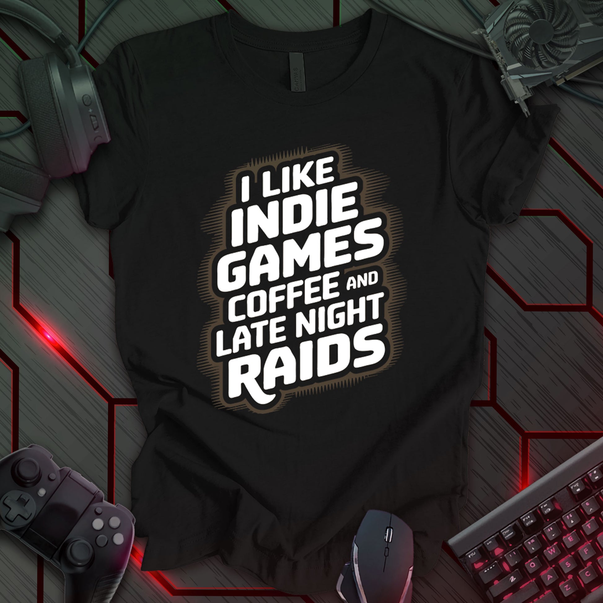 Graphic design featuring the phrase 'I LIKE' in a bold, slightly distressed font at the top, followed by 'INDIE GAMES', 'COFFEE AND LATE NIGHT', and 'RAIDS' each on separate lines in the same bold, distressed font. The text is white with a purple outline against a black background. This is a design with an indie gaming and late-night raiding theme, featuring a relatable sentiment for gamers who enjoy indie games and late-night raids.