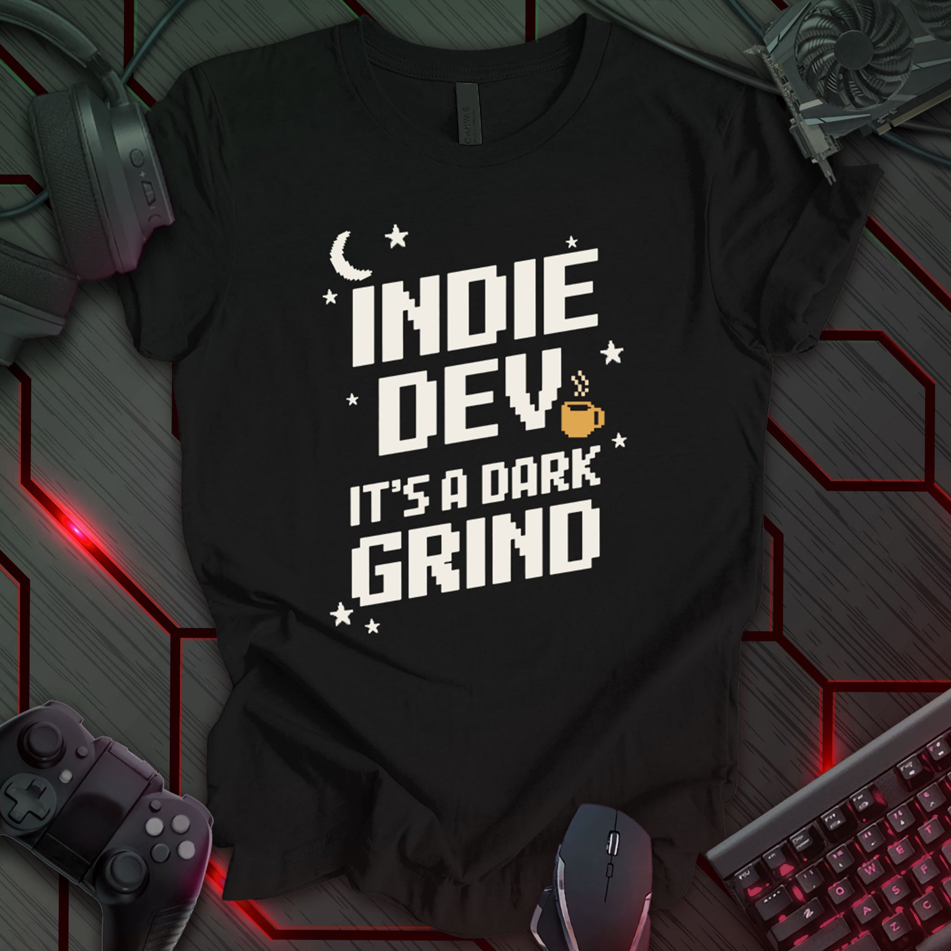 T-shirt design with pixelated text "THE DEV GRIND" and "TURNING COFFEE INTO CODE" on a black background. Features a pixelated steaming coffee mug graphic. Humorous design for indie game developers and programmers, highlighting their reliance on coffee. Keywords: indie dev shirt, game developer tee, coding t-shirt, programmer apparel, coffee humor, developer gift, pixel art tee, indie game development, programming joke.