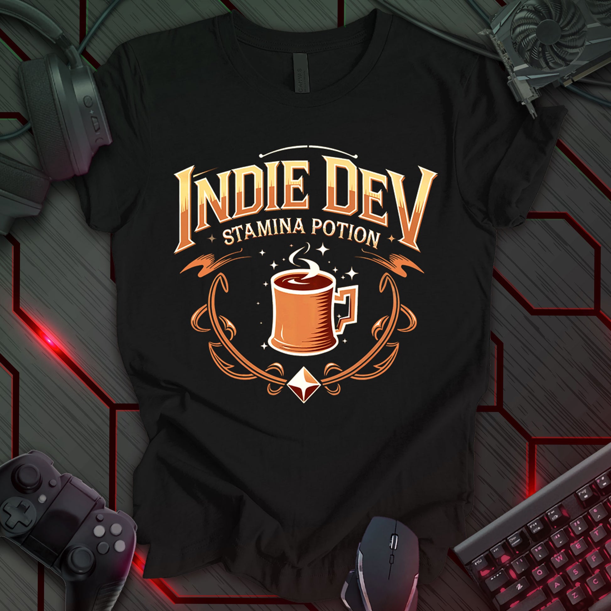 This t-shirt design, created for indie game developers, features the text 'Indie Dev' in an ornate, stylized font above the phrase 'STAMINA POTION'.  A brown coffee mug with steam is centered in the design, surrounded by decorative swirls and a diamond shape.  This design humorously references the essential role of coffee in fueling independent game development.