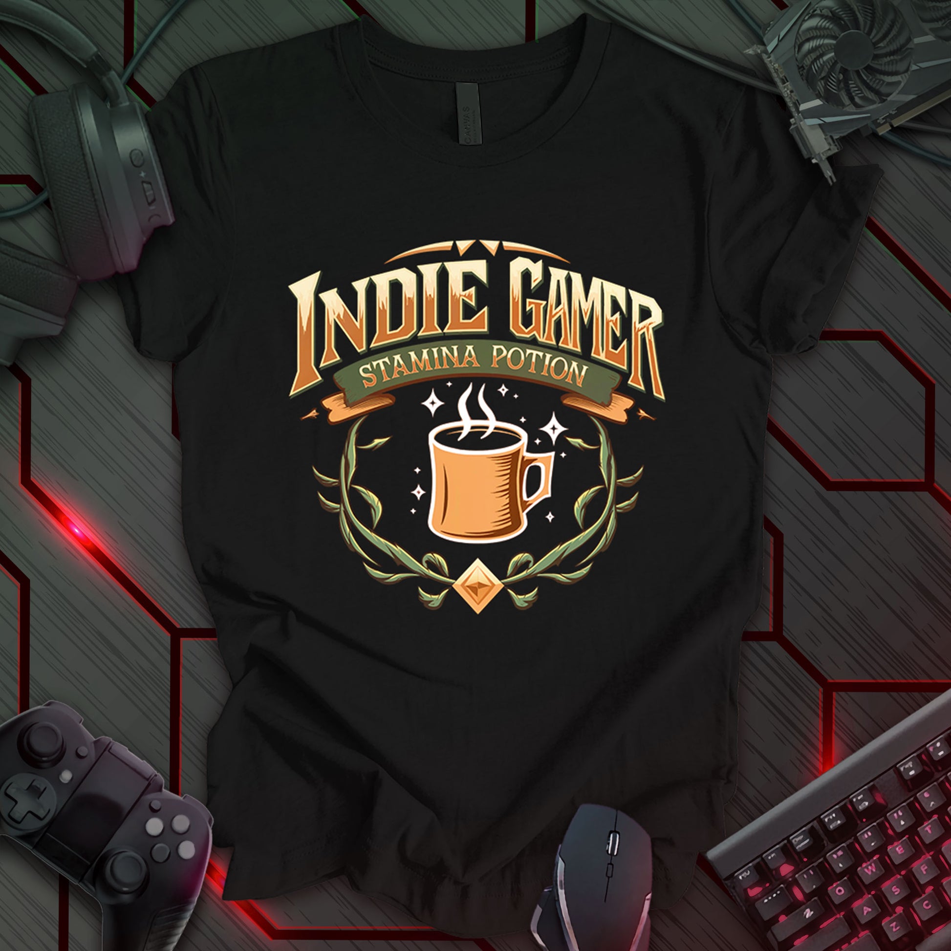 This t-shirt design, created for indie gamers, features the text 'INDIE GAMER' in a bold, stylized font above the phrase 'STAMINA POTION'. A steaming coffee mug is centered in the design, surrounded by decorative swirls and a diamond shape. This design humorously references the essential role of coffee in fueling extended indie gaming sessions.