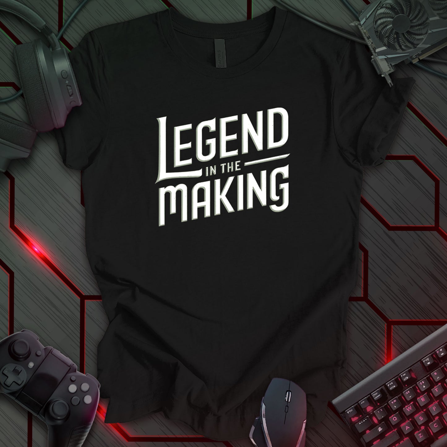 Black gaming t-shirt featuring bold white text reading 'Legend in the Making' in a sleek, modern typographic design.